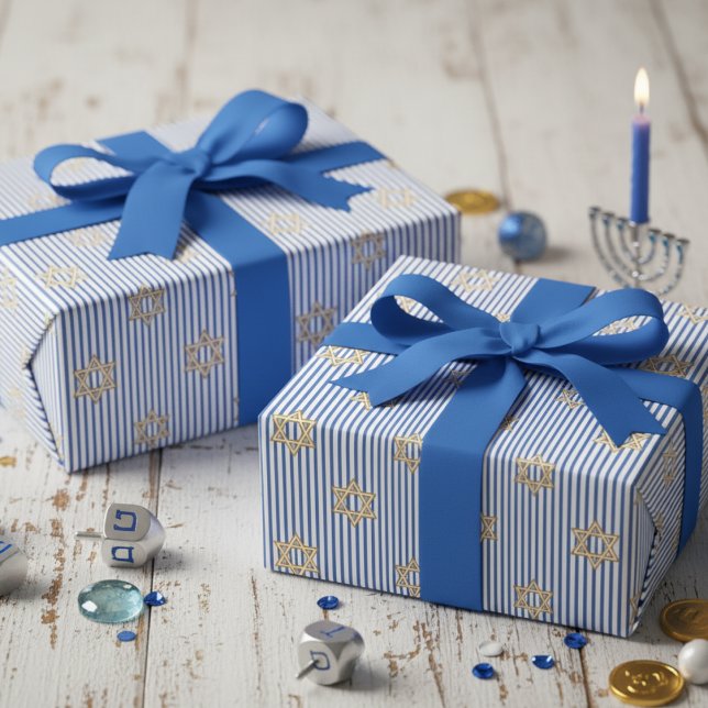 Striped Bright Blue Jewish Gold Star of David Wrapping Paper (Elegant Modern Striped Blue & White Jewish Gold Star of David Mazel Tov & Hanukkah Wrapping Paper)