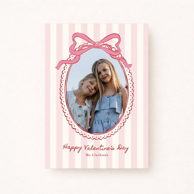Striped Bright Pink Bow Valentine’s Day Photo Card (Creator Uploaded)