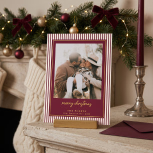 Striped Burgandy Merry Christmas Photo