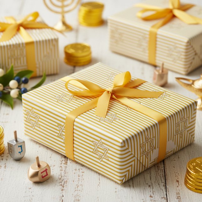 Striped Candle Flame Yellow Jewish Star of David Wrapping Paper (Jewish Gold Star Striped Candle Flame Yellow & White Pattern for Hanukkah, Bat Mitzvah, Mazel Tov)