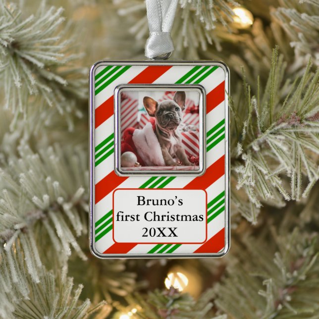 Striped Candy Cane Pet’s First Photo Silver Plated Framed Ornament (Tree)
