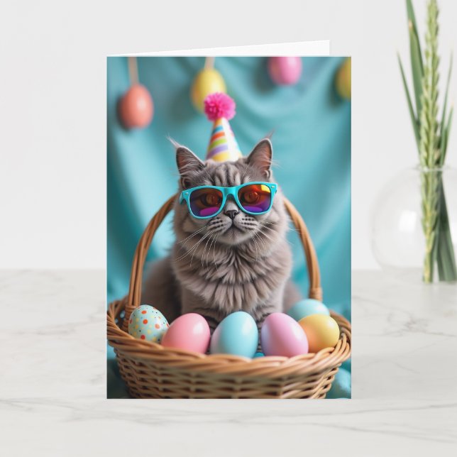 Striped Cat Easter Egg Party Card (Front)