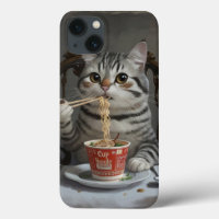 Striped Cat Enjoying Cup Noodles