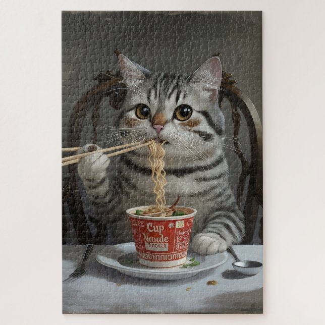 Striped Cat Enjoying Cup Noodles Jigsaw Puzzle (Vertical)