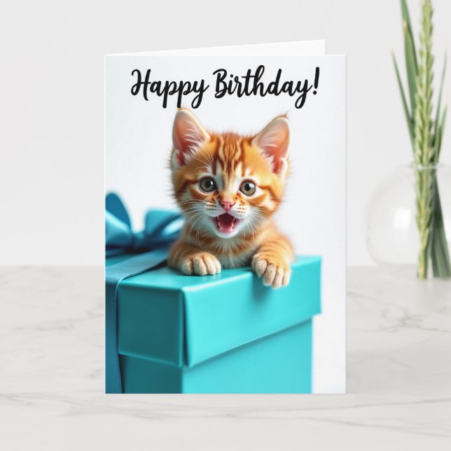 Striped Cat Gift Box Birthday Card (Front)