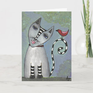 Striped Cat & Red Bird - Greeting Card