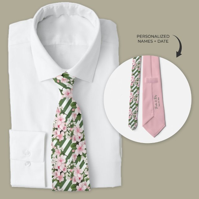 Striped Cherry Blossom Floral Groomsmen  Tie (striped cherry blossom floral groomsmen necktie)