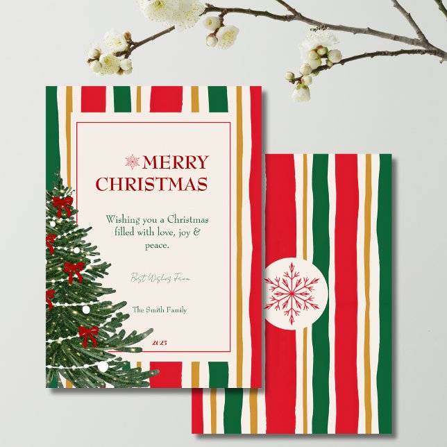 Striped Christmas Card with Pine Tree and Red Bows (christmas card, striped christmas card, red green yellow cream stripes, christmas tree card, festive)