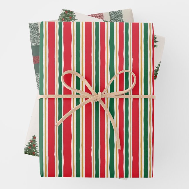 Striped Christmas Wrapping Paper, Pine Tree Wrapping Paper Sheet (In situ)