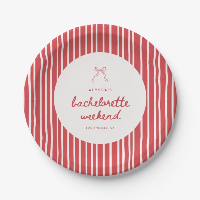 Striped Coquette Bow Bachelorette Weekend Paper Plate (Front)