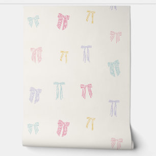 Striped Coquette Bows mint pink yellow lilac cream Wallpaper