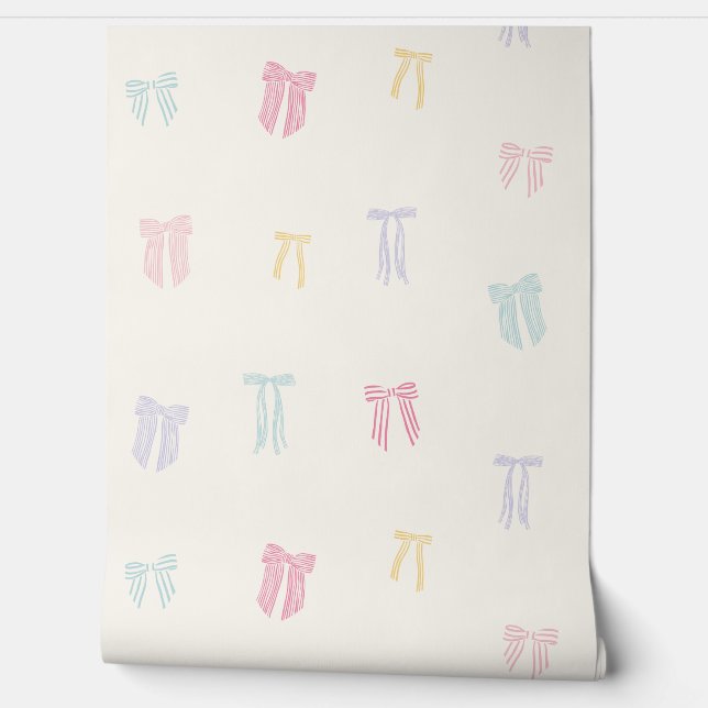 Striped Coquette Bows mint pink yellow lilac cream Wallpaper (Unrolling)