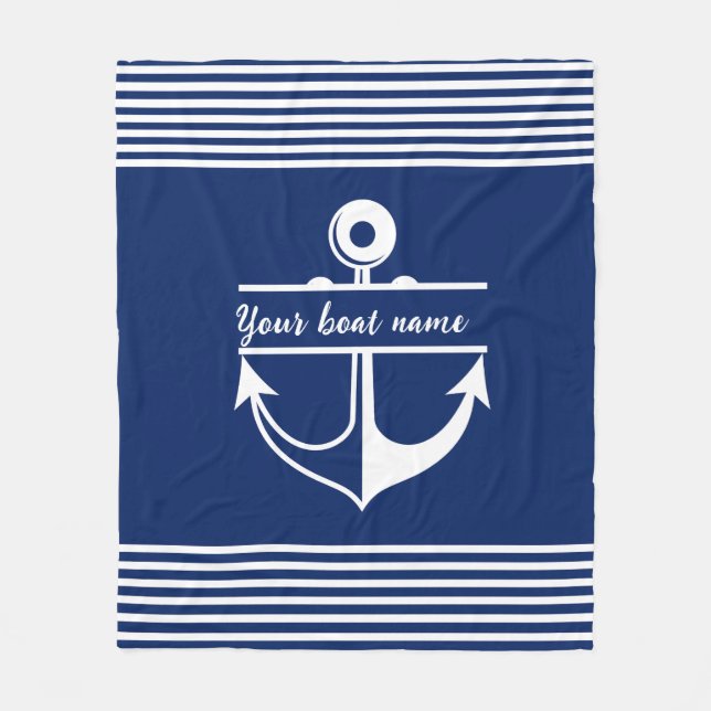Striped Custom Boat Name anchor Navy Blue Fleece Blanket (Front)