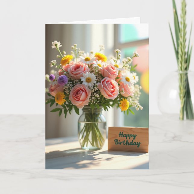 Striped Daisy And Rose Bloom Card (Front)