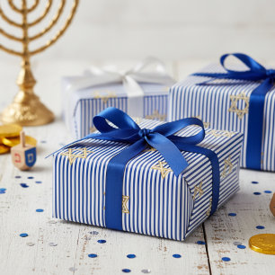 Striped Deep Blue Jewish Gold Star of David Wrapping Paper