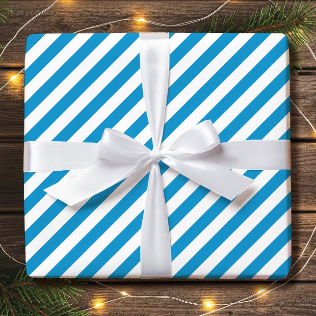 Striped Diagonal Holiday Simple Blue White Wrapping Paper (Creator Uploaded)