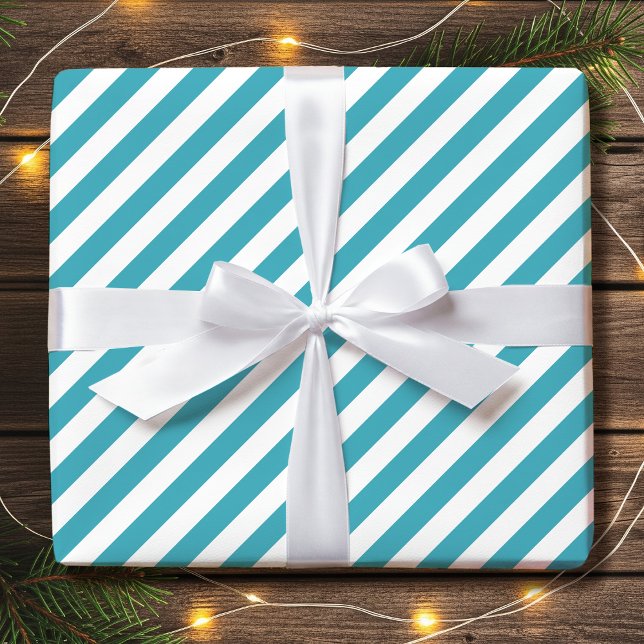 Striped Diagonal Holiday Simple Teal White Wrapping Paper (Creator Uploaded)
