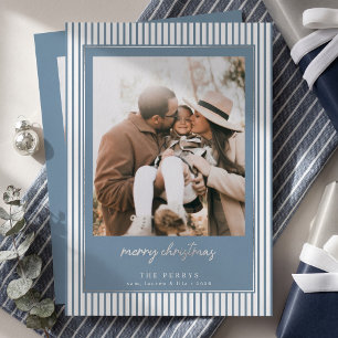Striped Dusty Blue Merry Christmas Photo