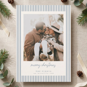 Striped Dusty Blue Merry Christmas Photo Holiday Card