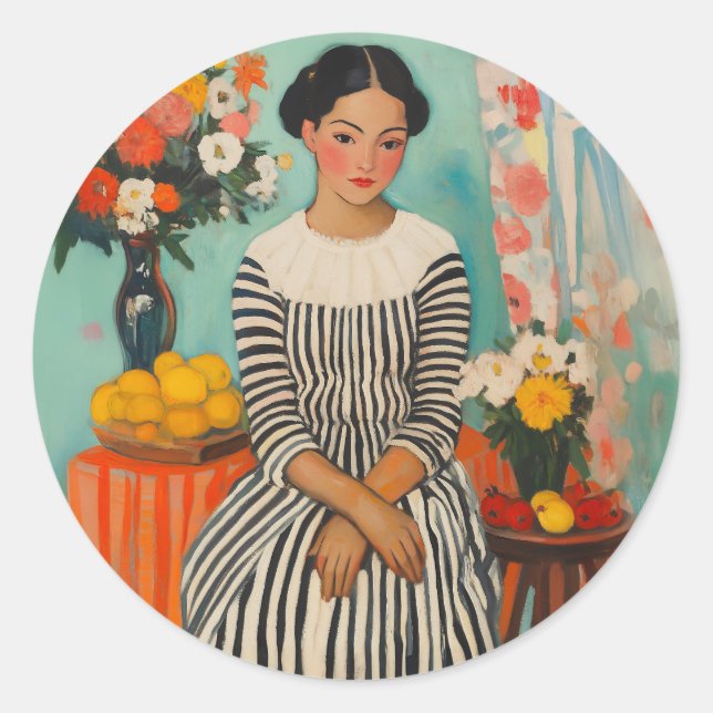 Striped Elegance with Flowers Classic Round Sticker (Front)