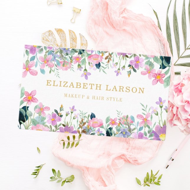 Striped Elegant Floral Beauty Artist Hair Makeup Business Card (Creator Uploaded)
