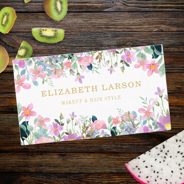 Striped Elegant Floral Beauty Artist Hair Makeup Business Card (Creator Uploaded)