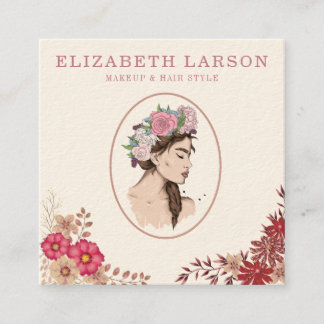 Striped Elegant Floral Beauty Artist Hair Makeup Square Business Card