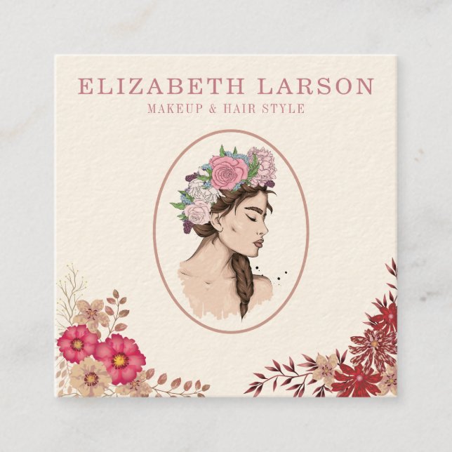 Striped Elegant Floral Beauty Artist Hair Makeup Square Business Card (Front)