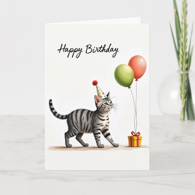 Striped Feline Party Hat Card (Front)