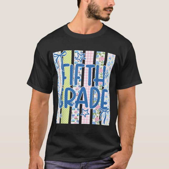 Striped fifth grade coquette bow back to school T-Shirt (Front)