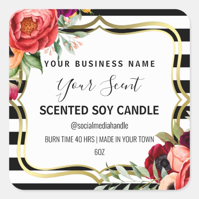 Striped Floral Gold Framed Soy Candle Labels (Front)