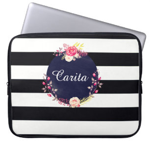Striped Floral Monogram Neoprene Laptop Sleeve