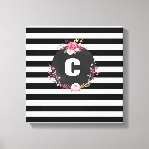 Striped Floral Monogram Premium Wrapped Canvas