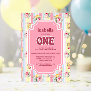 Striped Floral Pink and Yellow 1st Birthday Party Invitation