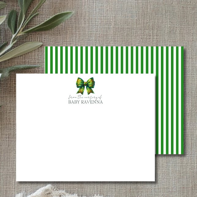 Striped Forest Green Bow Cute Nursery Note Card (Creator Uploaded)