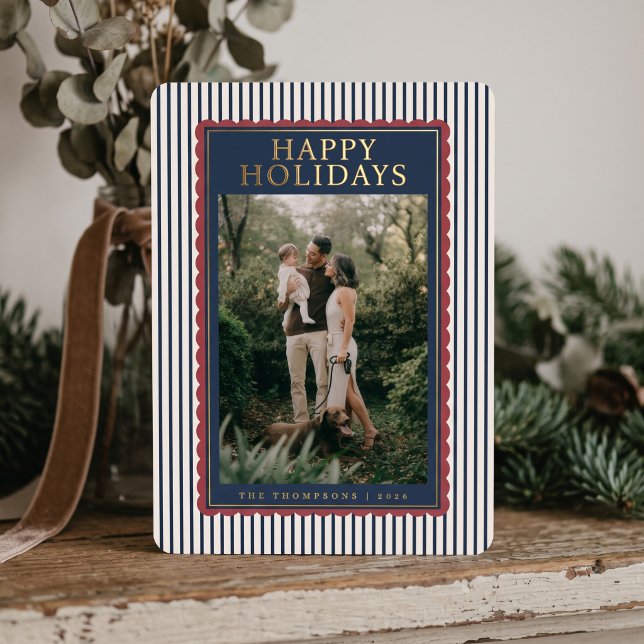 Striped Frame Holiday Photo Collage - Navy & Red (Simulated card on table)