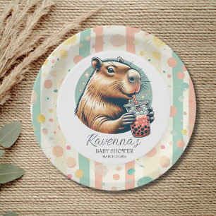 Striped Funny Capybara Custom Name Baby Shower Paper Plate