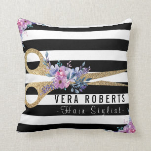 Striped Glitter Scissor Beauty Salon floral Cushion