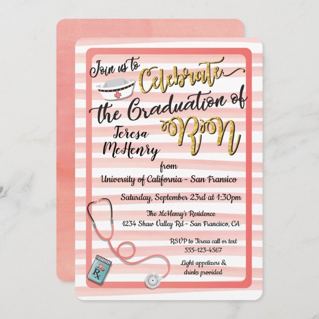 Striped Gold & Coral Nurse Graduation invitations (Front/Back)