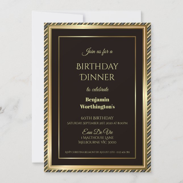 Striped Gold Frame 60th Birthday Dinner Invitation (Front)