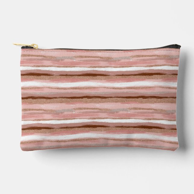 Striped Gold Glitter Pink Accessory Pouch (Front)