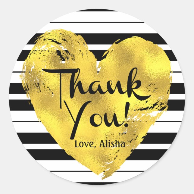 Striped, Gold Heart Thank You Classic Round Sticker (Front)