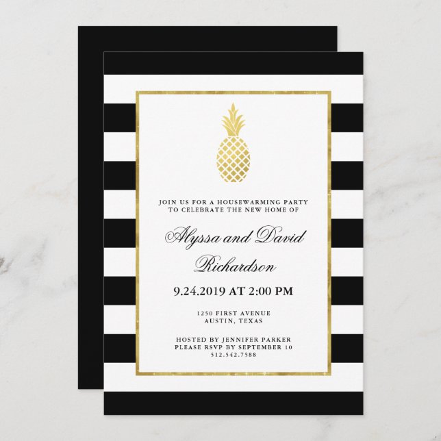 Striped Golden Pineapple Housewarming Party Invitation (Front/Back)