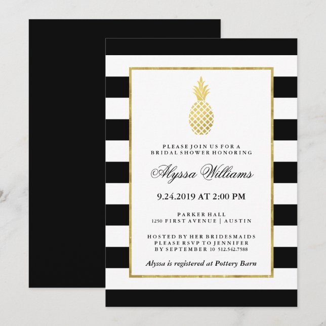 Striped Golden Pineapple Tropical Bridal Shower Invitation (Front/Back)