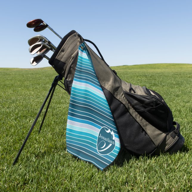 Striped Golfing Accessories Personalised Blue Golf Towel (Green)