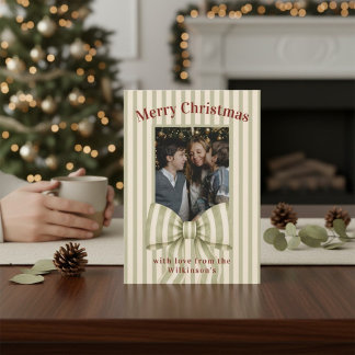 Striped Green Bow Photo Christmas Card