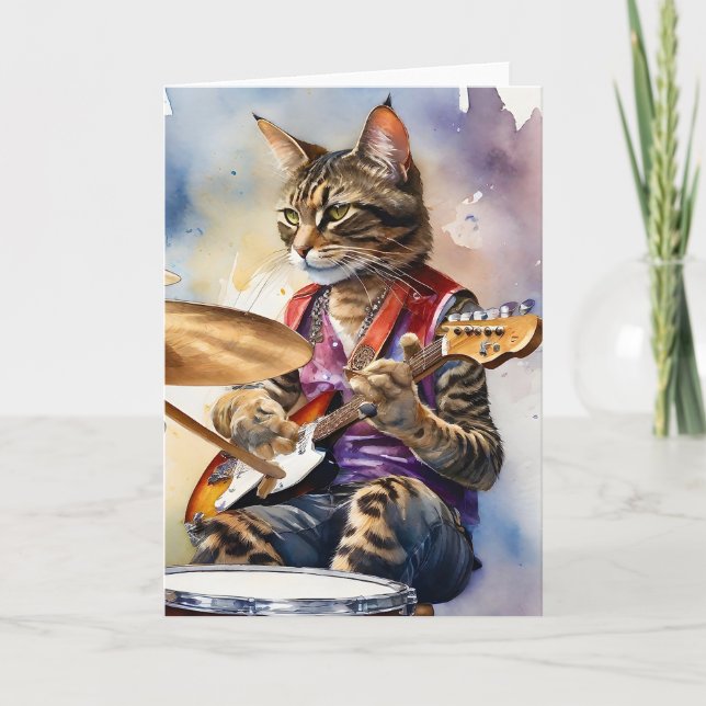 Striped Grey Tabby Cat Rock Star Playing Guitar  Card (Front)