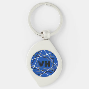 Striped Guitar Blue White Black Initials  Key Ring