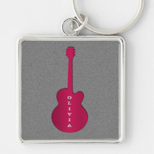 Striped Guitar Keychain, Hot Pink Key Ring