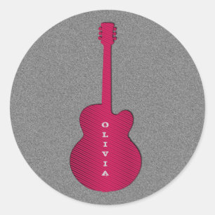 Striped Guitar Round Stickers, Hot Pink Classic Round Sticker